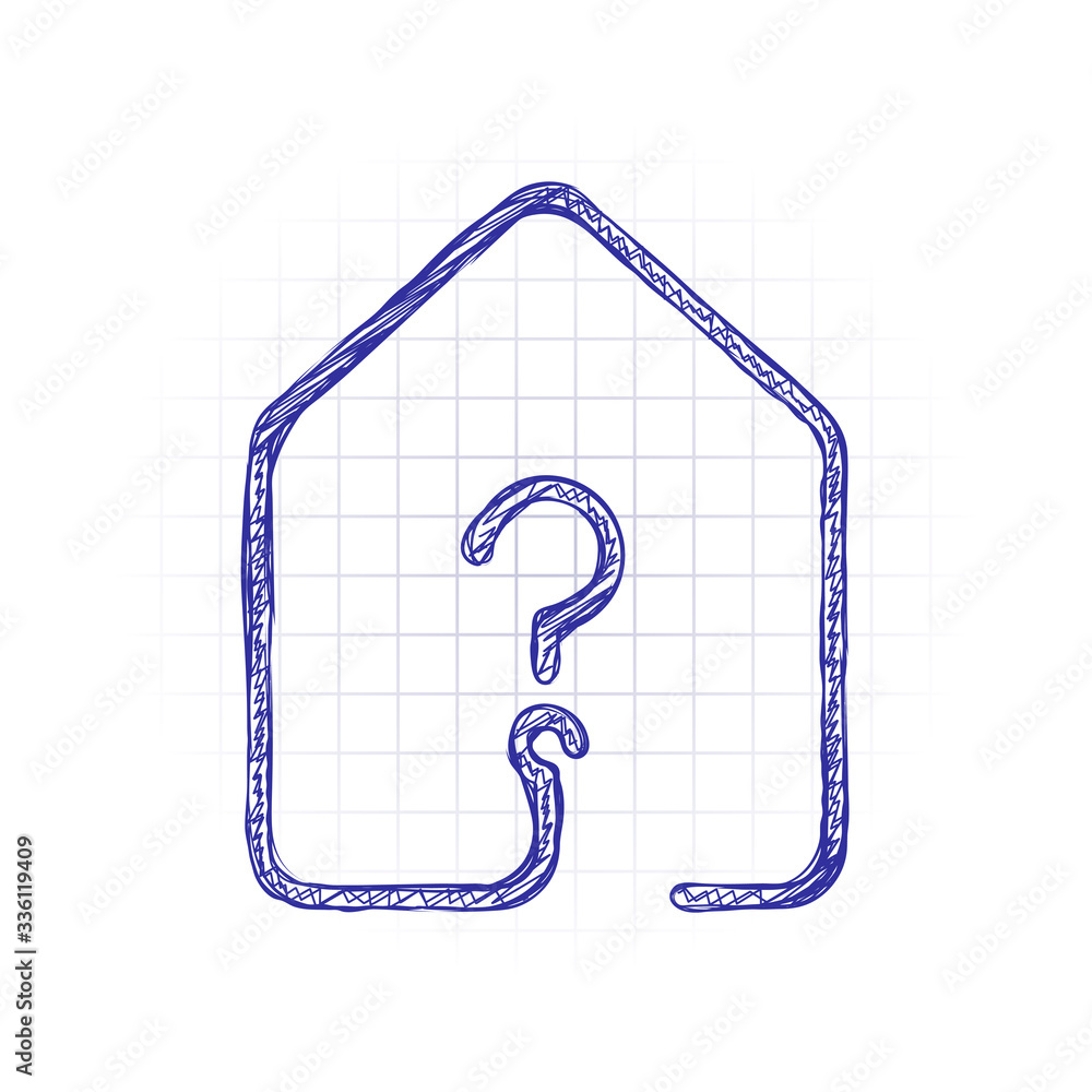 house with question mark icon. line style. Hand drawn sketched picture with scribble fill. Blue ink. Doodle on white background house with question mark icon. line style. Hand drawn sketched picture with scribble fill. Blue ink. Doodle on white background