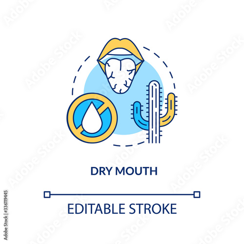 Dry mouth concept icon. Dehydration sign. Oral problem. Sore throat. Lack of saliva on tongue. Rotavirus symptom idea thin line illustration. Vector isolated outline RGB color drawing. Editable stroke