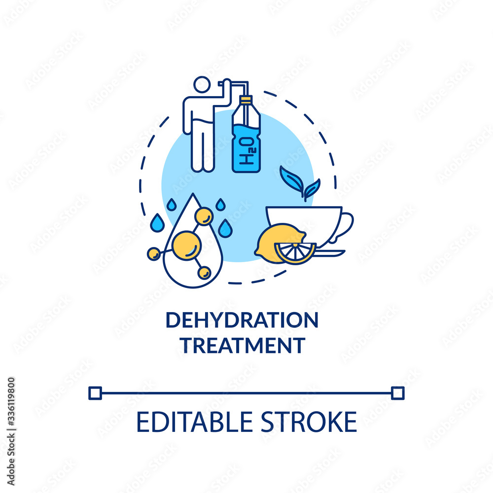 Dehydration treatment concept icon. Restore water balance in human body. Fluid intake, healthcare. Rotavirus aid idea thin line illustration. Vector isolated outline RGB color drawing. Editable stroke