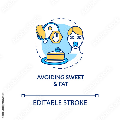 Avoiding sweet and fat concept icon. Stop unhealthy eating. No cholesterol. Diabetes precaution. Healthy diet idea thin line illustration. Vector isolated outline RGB color drawing. Editable stroke