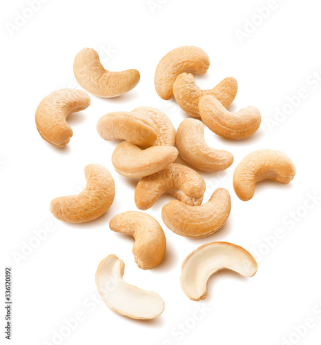 Cashew nuts scatter isolated on white background. Package design element with clipping path