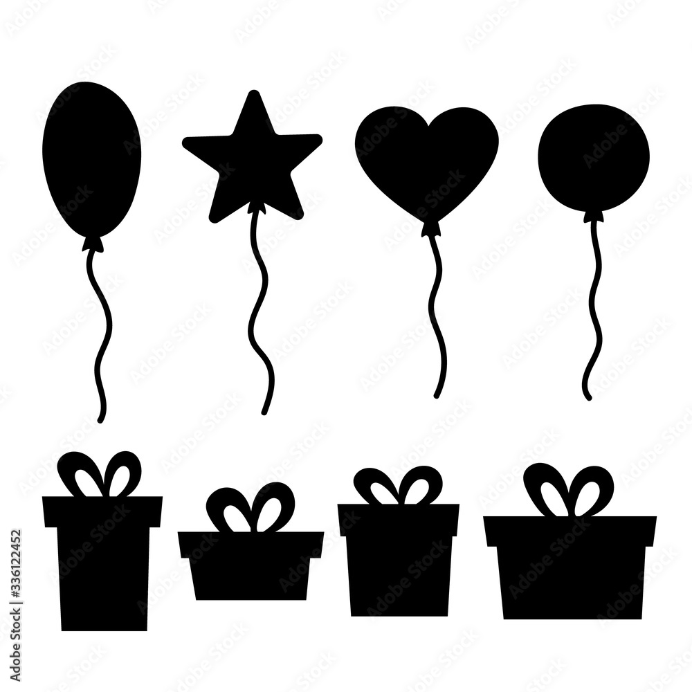 Balloon and present boxes for the holiday. Balls in the shape of an oval, heart, star Silhouettes isolated on a white background. Black icons. Vector illustration. Great for holiday design, stickers.