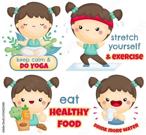 A Vector Set of Cute Girl Exercise and Lead a Healthy Lifestyle