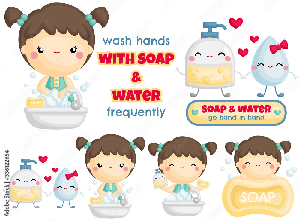 A Vector Set of Cute Girl Wash Hands with Foaming Soap and Water Stock