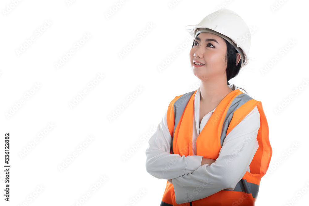 Portrait beautiful young Asia woman civil engineer looking forward and thinking of a white background, Planning on construction building concept