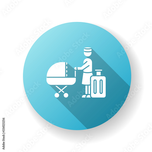 Hotel sitter blue flat design long shadow glyph icon. Babysitting professional service. Help with infant kids while on vacation. Day care during traveling. Silhouette RGB color illustration