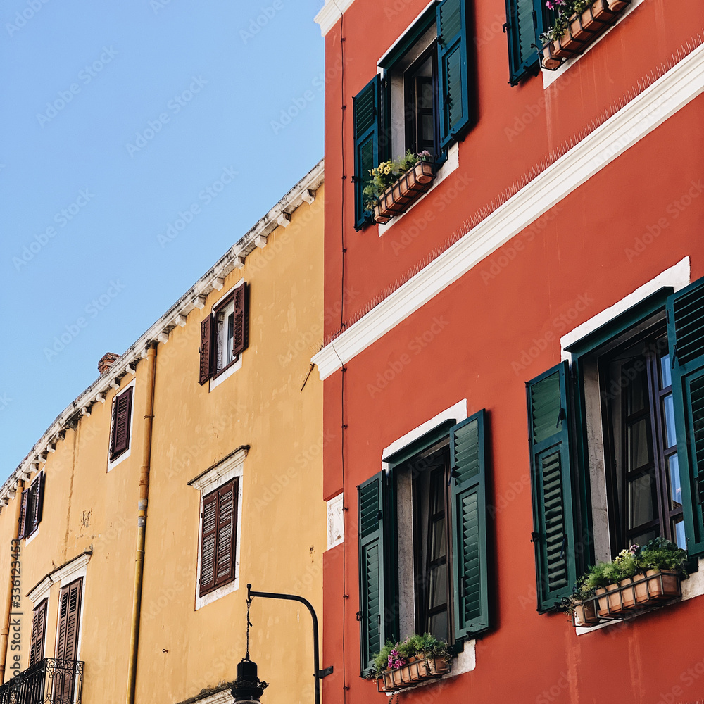 Traditional old town architecture of Rovinj, Croatia with little colorful buildings. Touristic destination. Travel summer concept. Minimal background. Traditional old town architecture of Rovinj, Croatia with little colorful buildings. Touristic destination. Travel summer concept. Minimal background.