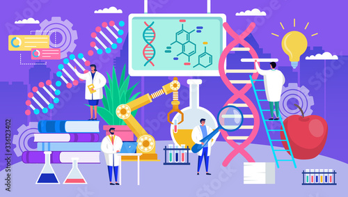 Genetic engineering dna vector illustration. Cartoon flat tiny geneticist people work in laboratory  engineer character changing human genome. Biotechnology research  biochemistry concept background