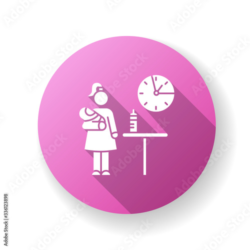 Part time babysitter pink flat design long shadow glyph icon. Babysitting service worker. Girl looking after baby. Day child care. Help with infant kid. Silhouette RGB color illustration