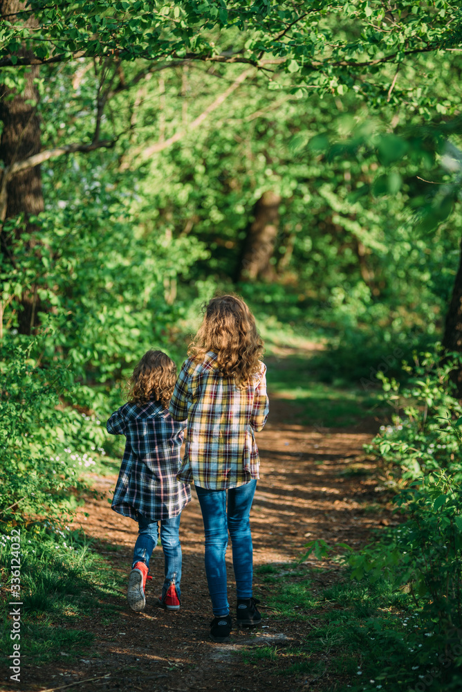 children walk along a path in the forest children walk along a path in the forest