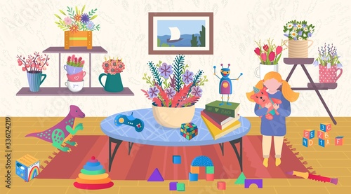 Children at home vector illustration. Cartoon flat child character playing toys in cozy apartment with houseplants in pots, girl kid standing at table with games, books in living room home interior
