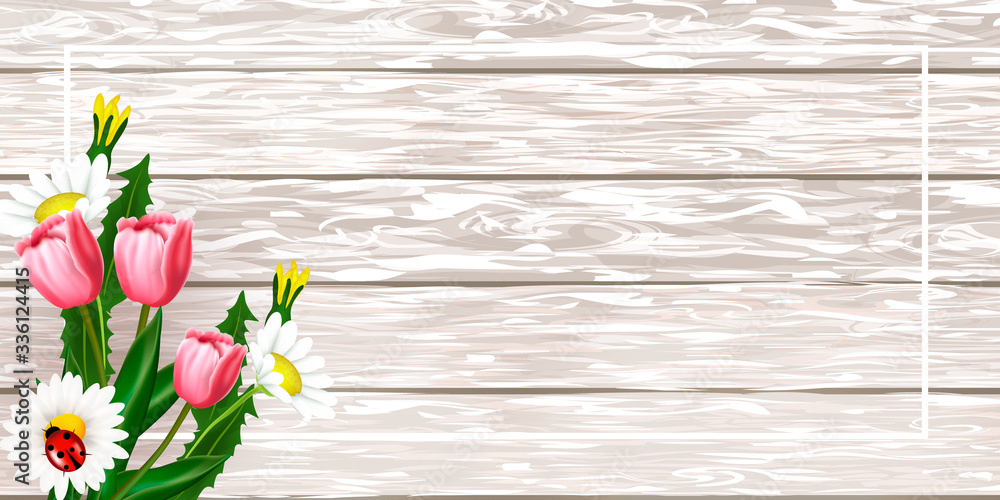 Obraz premium Spring card with sakura, blooming branch and grass on wooden background. 