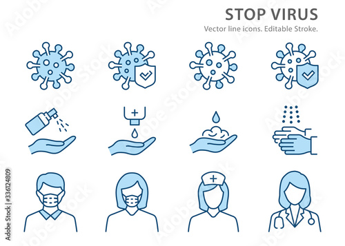 Coronavirus line icon set. Vector illustration. Editable stroke.