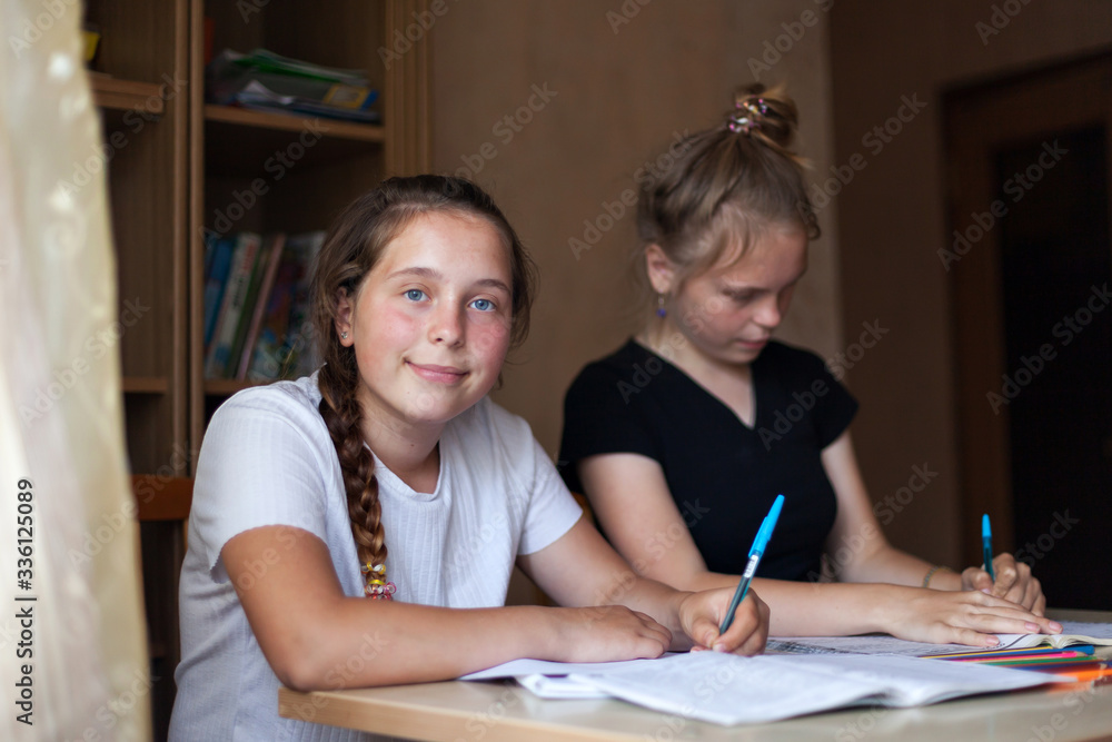 Teenage girls learning lessons at home. Teenage girls learning lessons at home.