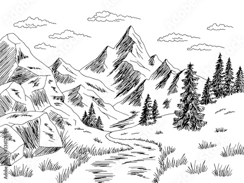 Mountain road graphic black white landscape sketch illustration vector