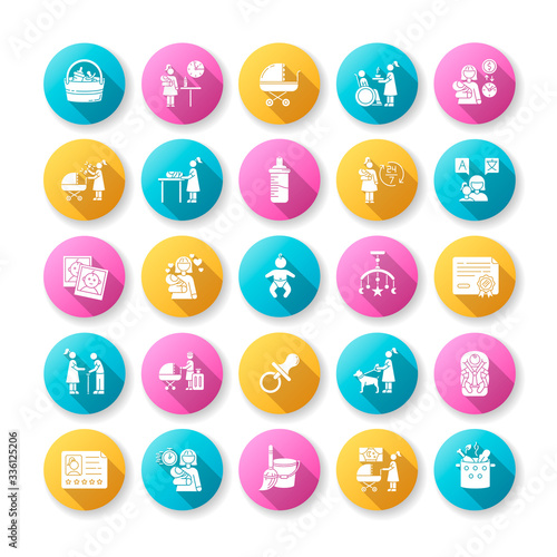 Babysitter service flat design long shadow glyph icons set. Child care and day care. Help with kids. Full time nanny for newborn. Motherhood, parenthood. Silhouette RGB color illustration