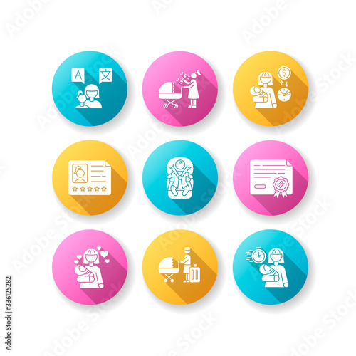 Babysitter service flat design long shadow glyph icons set. Speak languages with toddler. Woman with rattle toy. Pay rate for babysitting. Child day care. Silhouette RGB color illustration