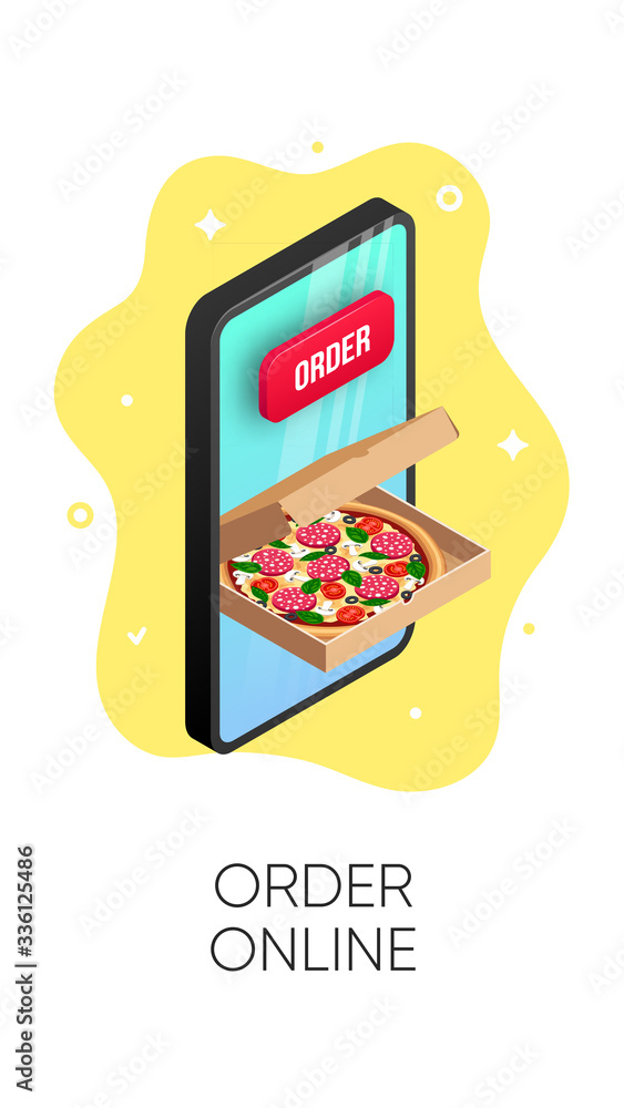 Obraz premium Online order food delivery service isometric vertical banner. 3d pizza in box, button on smartphone screen concept. Vector illustration for web site, advert, mobile app, social media