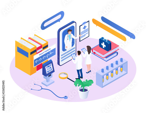 Isometric medical consultant vector illustration. Cartoon 3d doctor character advising, consulting tiny colleague people using app smartphone in hospital. Mobile online medicine consultation concept