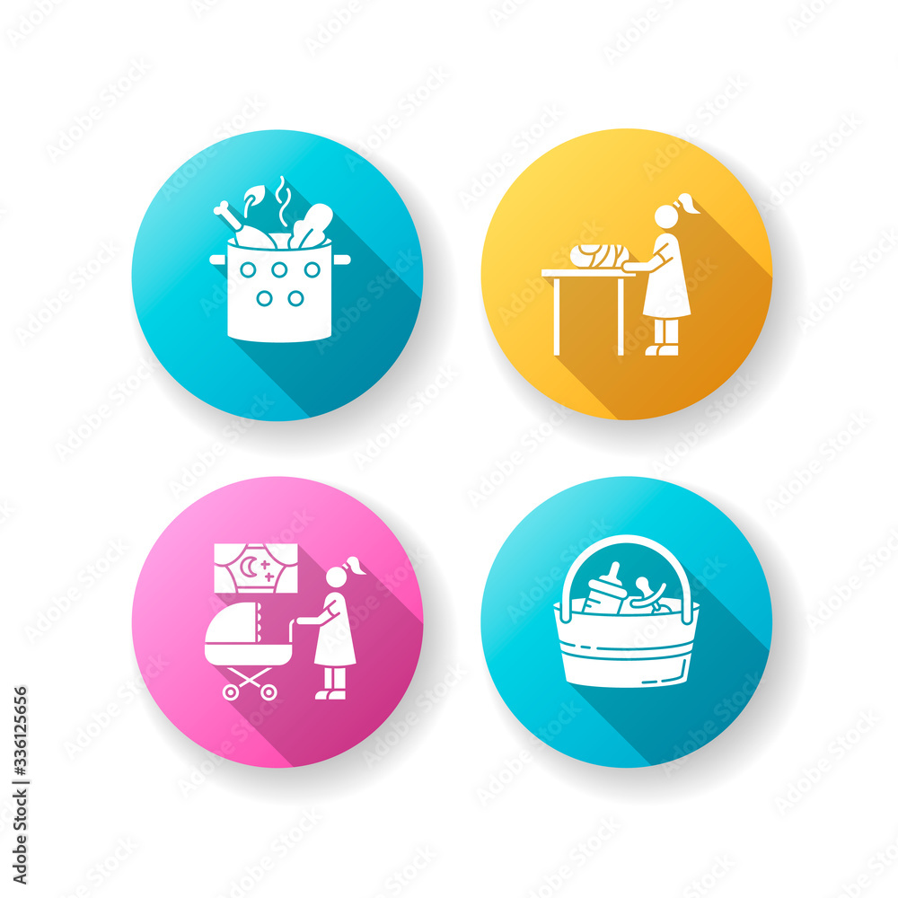 Babysitter service flat design long shadow glyph icons set. Cooking food in boiling pot. Woman changing baby diaper. Night time nanny. Babysitting set. Silhouette RGB color illustration