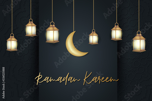 Ramadan Kareem poster. Arabic religious holiday concept. Hanging golden lantern and moon over black background. Vector illustration with lettering.