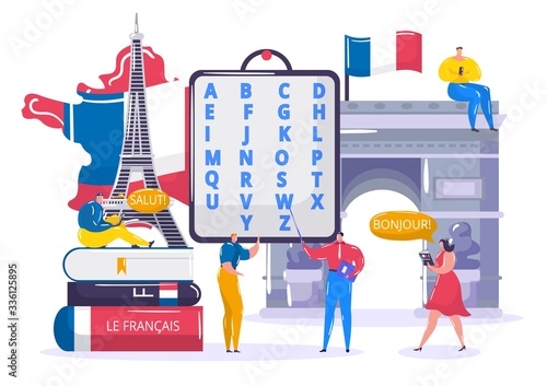 Learning French language vector illustration. Cartoon flat tiny student people learn to understand French in school classroom, teacher character gives lesson. Education technology isolated on white