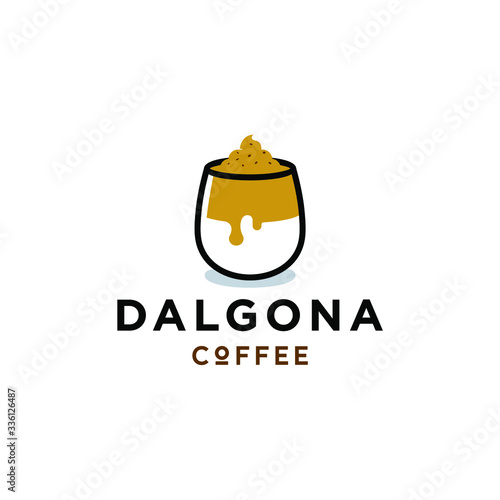 dalgona coffee drink logo with cream and glass icon in trendy minimal line cartoon illustration