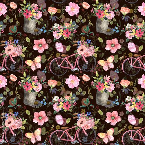Watercolor spring or summer flowers and bicycle seamless pattern. Cute botani...