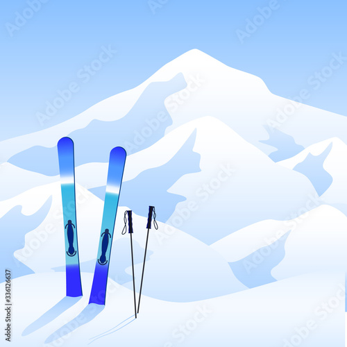 Ski resort banner. Ski on snow and mountains view. Extreme and healthy lifestyle. Vectoro illutration © Ihor