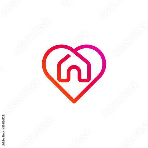 House with heart shape, love stay at home care symbol, vector illustration isolated on white background in trendy linear line style