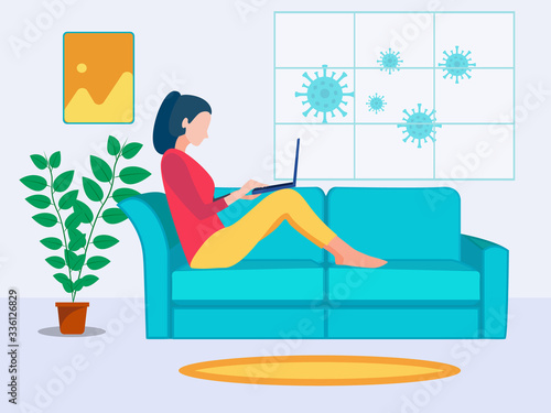 Stay home protect from covid-19 corona virus. 
female character stay at home working to avoid corona virus danger. 
self quarantine. a young woman works on a laptop while sitting in a sofa. 