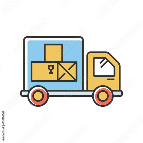 Goods receipt RGB color icon. Logistics, distribution, merchandise delivery service. Cargo transportation, products supply. Truck, industrial transport. Isolated vector illustration