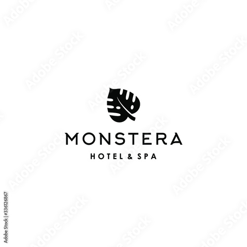 monstera tropical leaf logo badge vector icon illustration in natural Geometric suitable for spa or hotel business