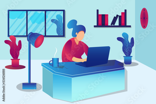 Stay home protect from covid-19 corona virus. 
female character stay at home working to avoid corona virus danger. 
self quarantine. a woman works on a laptop while sitting in a chair. 