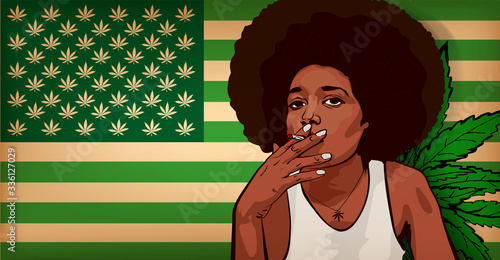 Girl smoking cannabis. Usa flag with cannabis leaf. Afro hair.