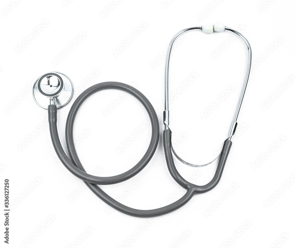 A stethoscope with gray rubber isolated on a white background,ready to use A stethoscope with gray rubber isolated on a white background,ready to use