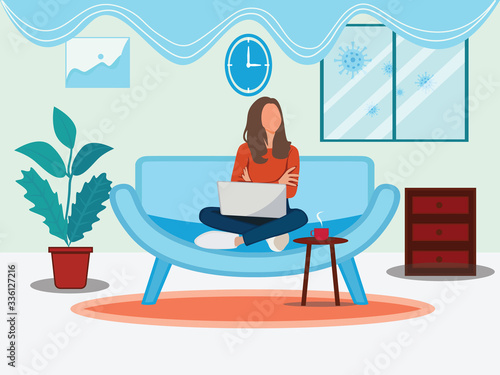 A women working at home preventing from corona virus covid-19 pandemic Premium Vector