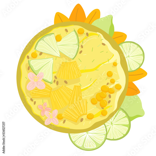 Acai smoothie bowl with lime, pineapple, flowers top view. Healthy natural breakfast. Portion of yellow smoothie with fruits in a bowl isolated on white background. Vector hand drawn illustration