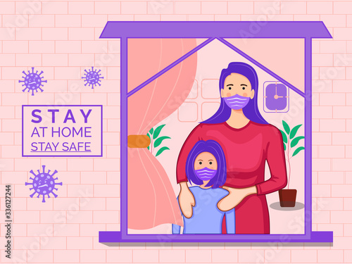 Mother and Daughter wear mask and stay at home concept illustration. covid-19 and work from home. Premium Vector
