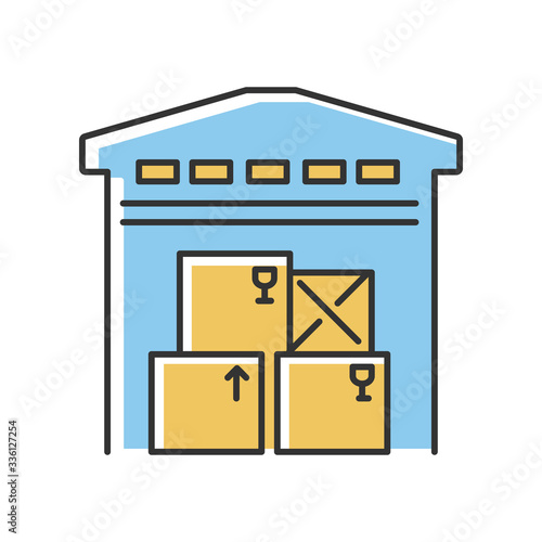 Warehousing yellow and blue RGB color icon. Merchandise storage, storehouse building, stockroom exterior. Industrial premises, factory floor. Isolated vector illustration
