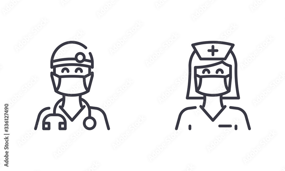 Female Nurse and Male Doctor Wear Medical Face mask to Protect Themself from Coronavirus or Covid-19. Outline Illustration Vector. EPS 10. Editable Stroke.
