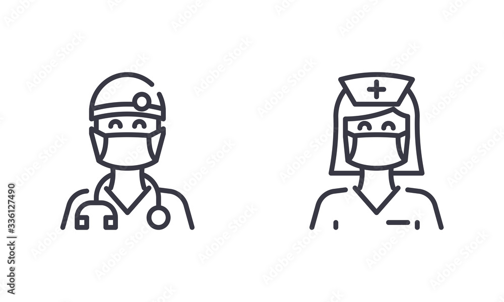 Female Nurse and Male Doctor Wear Medical Face mask to Protect Themself from Coronavirus or Covid-19. Outline Illustration Vector. EPS 10. Editable Stroke. Female Nurse and Male Doctor Wear Medical Face mask to Protect Themself from Coronavirus or Covid-19. Outline Illustration Vector. EPS 10. Editable Stroke.