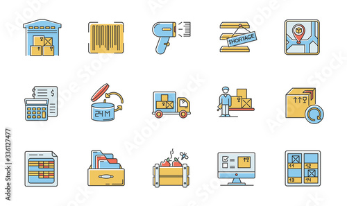 Inventory tracking RGB color icons set. Warehousing, goods receipt and purchase returns. Financial accounting and inventory control. Isolated vector illustrations