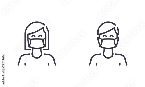 Woman and Man Wear Medical Face mask to Protect Themself from Coronavirus or Covid-19. Outline Illustration Vector. EPS 10. Editable Stroke.