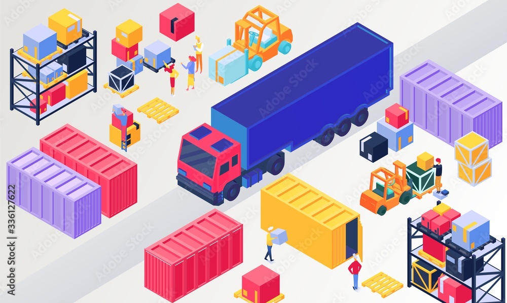 Isometric logistics, warehouse vector illustration. 3d people loading box in pallet, worker character packaging containers on trucks. Warehousing logistical service, wholesale distribution technology
