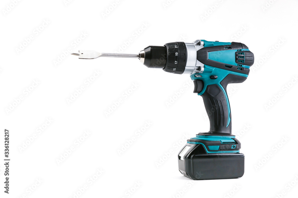 cordless drill with wood drill bit isolated on white background cordless drill with wood drill bit isolated on white background