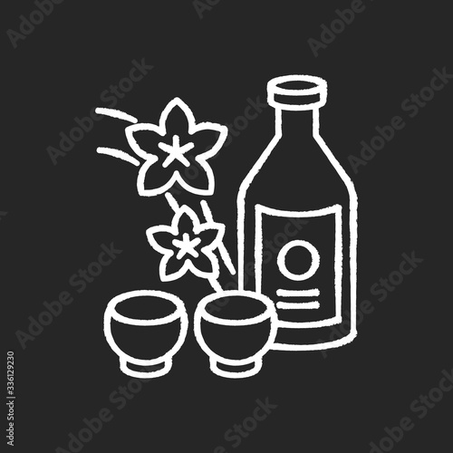 Sake chalk white icon on black background. Japanese rice wine and sakura branch. Korean soju drink with two mugs. Asian liquor in bottle with shot cups. Isolated vector chalkboard illustration