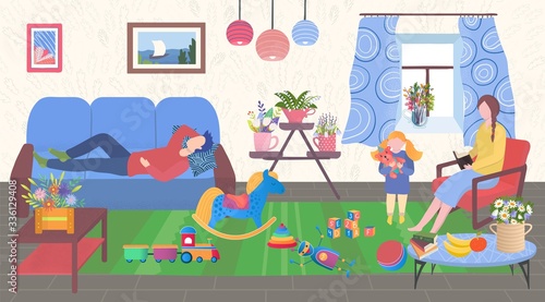Family at home vector illustration. Cartoon flat mother sitting, reading book in living room, child playing toys, father sleeping on sofa. Parent character with kid in home interior with houseplants