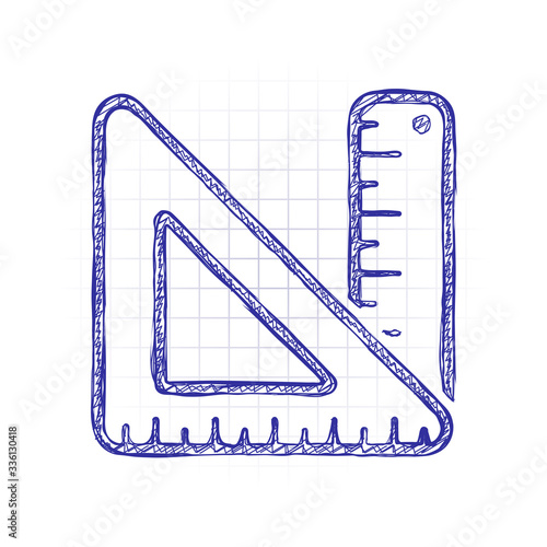 simple ruler and triangle. Hand drawn sketched picture with scribble fill. Blue ink. Doodle on white background