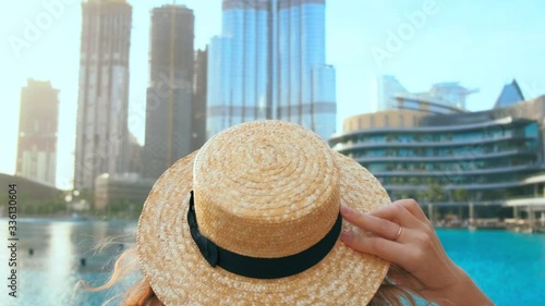  woman view skyscrapers city Dubai. United Arab Emirates UAE 2020. burj khalifa photo